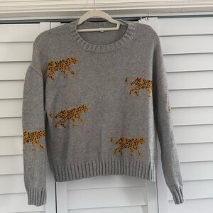 Rails Cashmere Cotton Gray Sweater with Leopard Accents